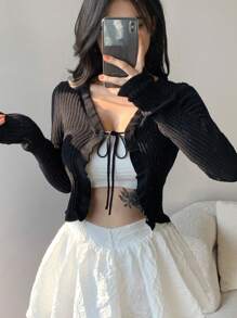 DAZY Women's Lace-Trimmed Drawstring Tie-Front Cardigan, Suitable For Dates,Fall Clothes - Black - View 7