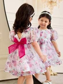 SHEIN Baby Girls' Floral Organza Puff Sleeve Ruffle Dress With Contrast Back Bow, Suitable For Party, Vacation, Wedding, Flower Girl Dress - Red - View 1