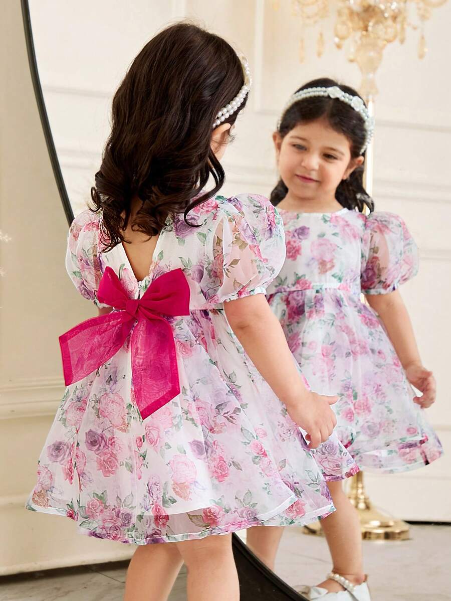 SHEIN Baby Girls' Floral Organza Puff Sleeve Ruffle Dress With Contrast Back Bow, Suitable For Party, Vacation, Wedding, Flower Girl Dress - Red - View 1