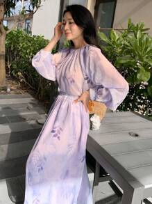 DAZY 2 件套女士植物印花灯笼袖衬衫和中长裙 - 淡紫色 - 查看 3