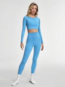 Lifespree 女士纯色圆领长袖简约上衣和长裤运动套装 - 藍色 - 查看 7