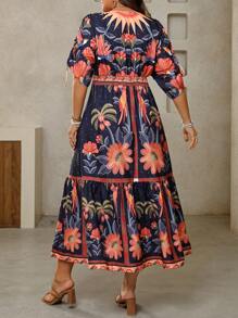 Breezaya Plus Size Women Valentine's Day Woven Floral Print V-Neck Tied Waist Short Sleeve Casual Dress, Cooling Dress, Stress Relief Outfit, Evening Long Gown, Elegant Fashion Women Loungewear, Summer Outfits For Women, St. Patrick's Day Rave Outfits, Festival Spring Break Outfits, Boho