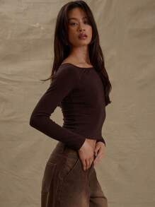 MUSERA Off Shoulder Bardot Fitted Long Sleeve Top Valentine Cute Fall Spring Summer - Coffee Brown - View 2