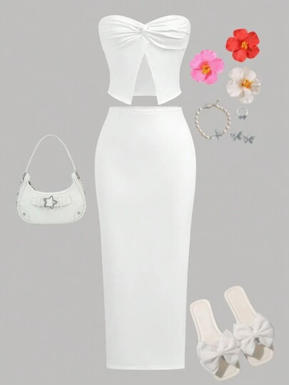 Girlism Teen Girls Twist Front Strapless Top And Long Skirt Set, Fitted, Cute Back-To-School Outfit, Suitable For Holiday, Family Outdoor, Spring Picnic, Everyday Wear