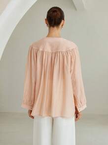 Aveloria Modichic Elegant Chiffon Textured Sheer Sexy Drawstring V-Neck Loose Long Sleeve Shirt For Women, Pink