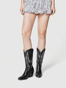 ROMWE Fairycore 女式不对称亮片刺绣西部牛仔靴，真皮中筒靴，适合春秋季节