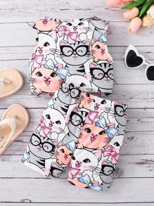 SHEIN 2pcs/Set Cute Casual Pattern Young Girl Youth 2 Pieces Set - White - View 2