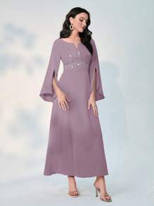 Modelyn Damen Kleid mit V-Ausschnitt, Schlitzärmeln und Strass-Verzierung im Arabischen Stil