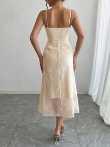DAZY Váy midi ôm sát bằng ren Jacquard dành cho nữ, thích hợp cho tiệc cưới, dạ hội mùa hè, váy suông thanh lịch, váy cưới - Màu be - Xem 4