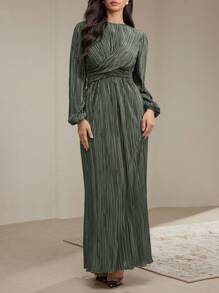 Veilorie Women's Elegant Solid Color Twist Tie Waist Pleated Dress, Spring Autumn Modest - Green - View 4