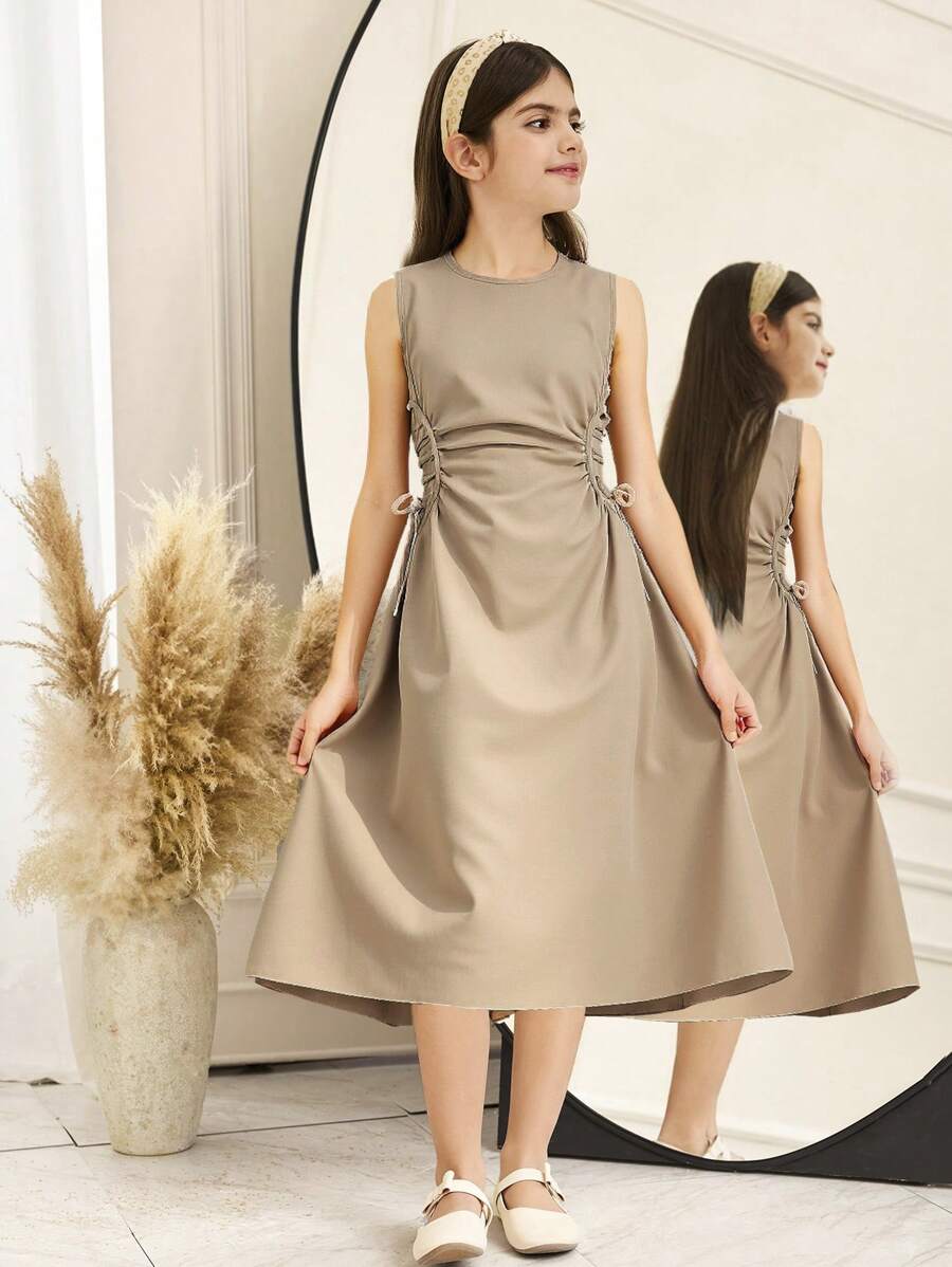 SHEIN 少女優雅圓領無袖側收褶中長洋裝 - 卡其色 - 查看 1