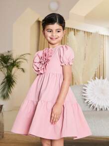 Young Girls' Large Rose Flower Decor Puff Sleeve Dresses - Baby Pink - View 4