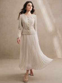 Anewsta Vestido largo de mujer de manga larga con cinturón en la cintura y pliegues, atuendo para el Día de San Valentín y Año Nuevo