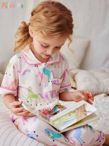 Set de 2 piezas de pijama para bebé niña con parte superior de manga corta y pantalones con estampado lindo y dulce de poni, cómodo y casual - Rosa - Ver 3