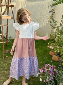 LMoss Kids Vestido ajustado para niñas preadolescentes con cuello redondo, volantes en el bajo y estampado de flores pequeñas en colores contrastantes - Multicolor - Ver 6