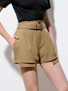 Maija Quần short nữ mùa hè 2025 vải canvas cạp chun màu nâu kaki mới có móc kim loại có thể điều chỉnh thiết kế túi xéo bãi biển lễ hội âm nhạc ngày lễ thường ngày lãng mạn đô thị thích hợp cho tụ tập ngoài trời, khách dự tiệc cưới, quần short nữ phong cách cổ điển cổ điển cho mùa tốt nghiệp - màu nâu - Xem 4