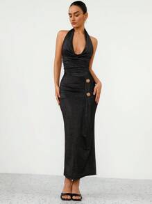 SHEIN Privé Elegant Vintage Sexy Open Back Sleeveless Ruffle Waist Bodycon Asymmetric Metal Buckle Silver Shimmer Knit Dress For Women - Black - View 6