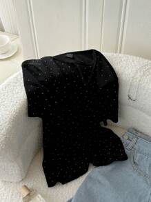 SHEIN LUNE Camiseta ajustada de mujer casual con decoración de cristales, adecuada para fiestas y salidas