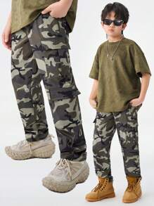 SHEIN Pantalon cargo droit décontracté à lacets devant et multi-poches pour adolescents au printemps/été - Militaire verte - Voir 7
