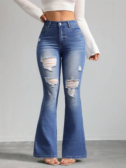 SHEIN Tall 女士牛仔裤 紧身弹力破洞喇叭裤 蓝色高腰紧身喇叭裤 牛仔裤 女式紧身裤 牛仔布 喇叭裤 紧身裤 女式高腰裤