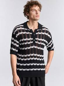 Ontre Men's Front Button Short Sleeve Striped Casual Knit Top - Multicolor - View 5