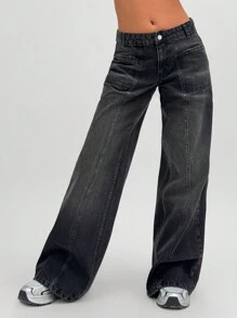 EURMUSE WOMEN LOW WAIST WIDELEG CUTLINE DETAIL - Dark Grey - View 1