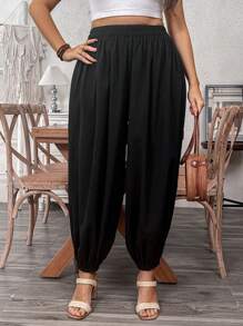 Breezaya Women's Casual Harem Pants With Drawstring, Relaxed Fit, Solid Color - Black - View 5