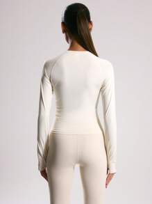 Musera Sport Long Sleeve Slinky Thumb Hole Logo Active Top, Padel, Tennis, Pickleball Gym Fitness Yoga Pilates Daily Casual - Beige - View 2