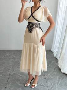 DAZY Women's Lace Patchwork Ruffle Trim Fitted Party Dress With Cap Sleeves Prom Dress,Formal Women Dresses