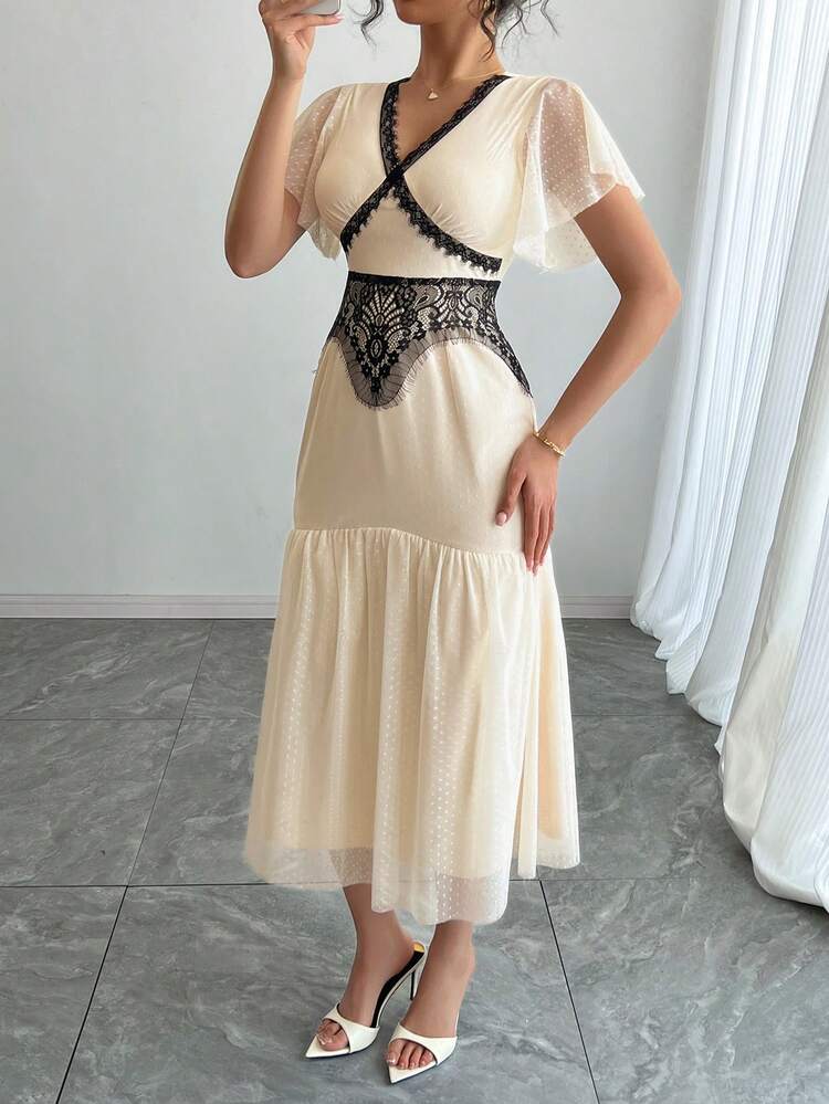 Women's Lace Patchwork Ruffle Trim Fitted Party Dress With Cap Sleeves Prom Dress,Formal Women Dresses