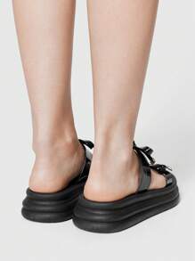 ROMWE Goth Women's Summer Peep-Toe Roman Beach Sandals, Bow Decor Sweet Slip-On Slippers, Student Vacation Shoes, Ladies Wedge Platform Sandals Spring Shoes Spring Break Easter - Black - View 4