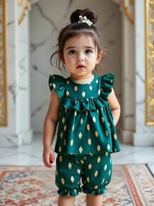 Ensemble top sans manches et short imprimé floral pour bébé fille, été - Vert - Voir 3