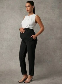MaterniChic Maternity Solid Color Pocket Adjustable Waist Straight Leg Casual Pants - Black - View 4