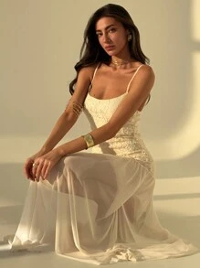 Aloruh Váy không tay thêu hoa ren cổ chữ V thanh lịch, ngọt ngào và thon gọn - Màu be - Xem 3