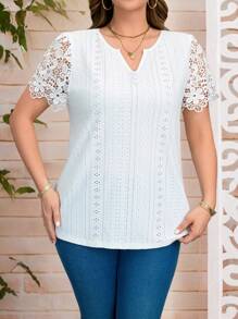 EMERY ROSE 大码女士休闲度假纯色蕾丝拼布衬衫，优雅女装，女士夏季服装/夏季，女士度假服装，夏季服装 - 白色 - 查看 4