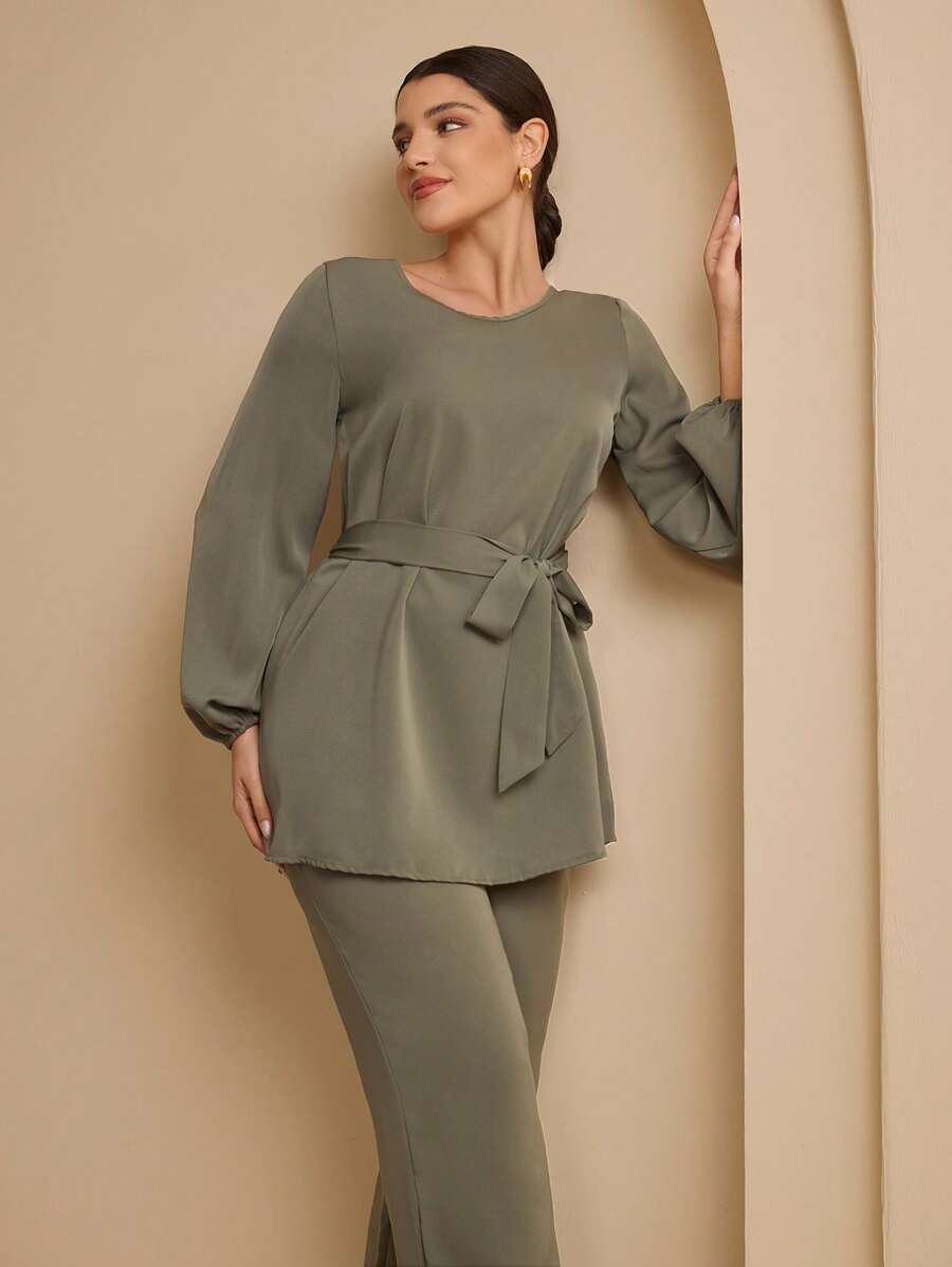 Graceveil 2 件套女士休闲纯色宽松上衣和阔腿裤套装 - 軍綠色 - 查看 1