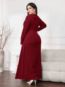 Modelyn Plus Size Elegant Solid Color Twist Knot Long Dress - Burgundy - View 2