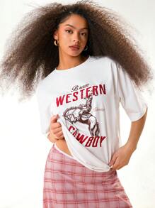 Athîral Women's Casual Cowboy Printed Letter Embroidery Short Sleeve T-Shirt,Western Wear Women - White - View 3