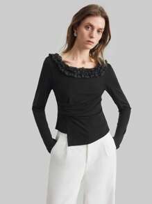 Ontre Damen Schwarze Langarm Strick Bluse mit floraler Verzierung und Rückenausschnitt, Sommer Damen Frühling Oberteile Langarm Damen Tops