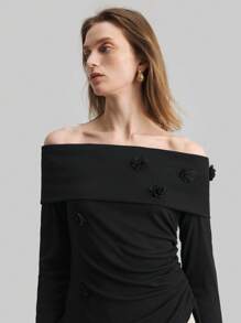 Ontre 女式黑色长袖露肩衬衫，带 3D 玫瑰花图案，夏季女士春季上衣，长袖女士上衣 - 黑色 - 查看 8