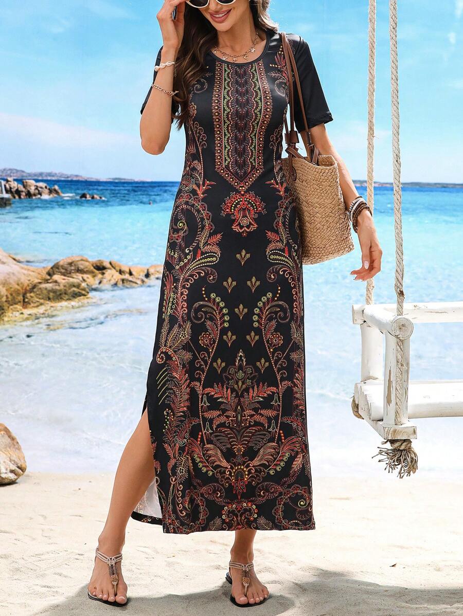 SHEIN 女士圆领短袖开衩下摆休闲长裙，夏季 - 彩色 - 查看 1