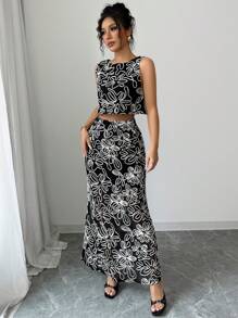 Elenzga Women 3D Floral Sleeveless Top & A-Line Skirt Bohemian 2 Pieces Set
