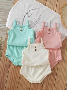 SHEIN Vintaside Kids 6pcs/Set Baby Girl Summer Textured Sleeveless Fitted Tank Top With Button Decor & Triangular Briefs, Essential For Home & Outdoor - Multicolor - View 4