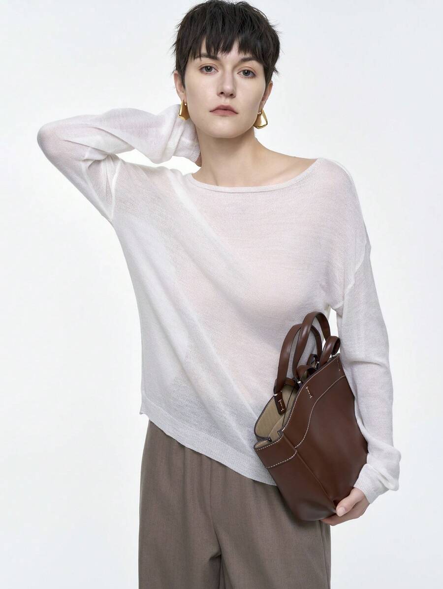 Aalyst 女式宽松简约圆领套头羊毛毛衣，轻薄透明针织套头衫秋冬