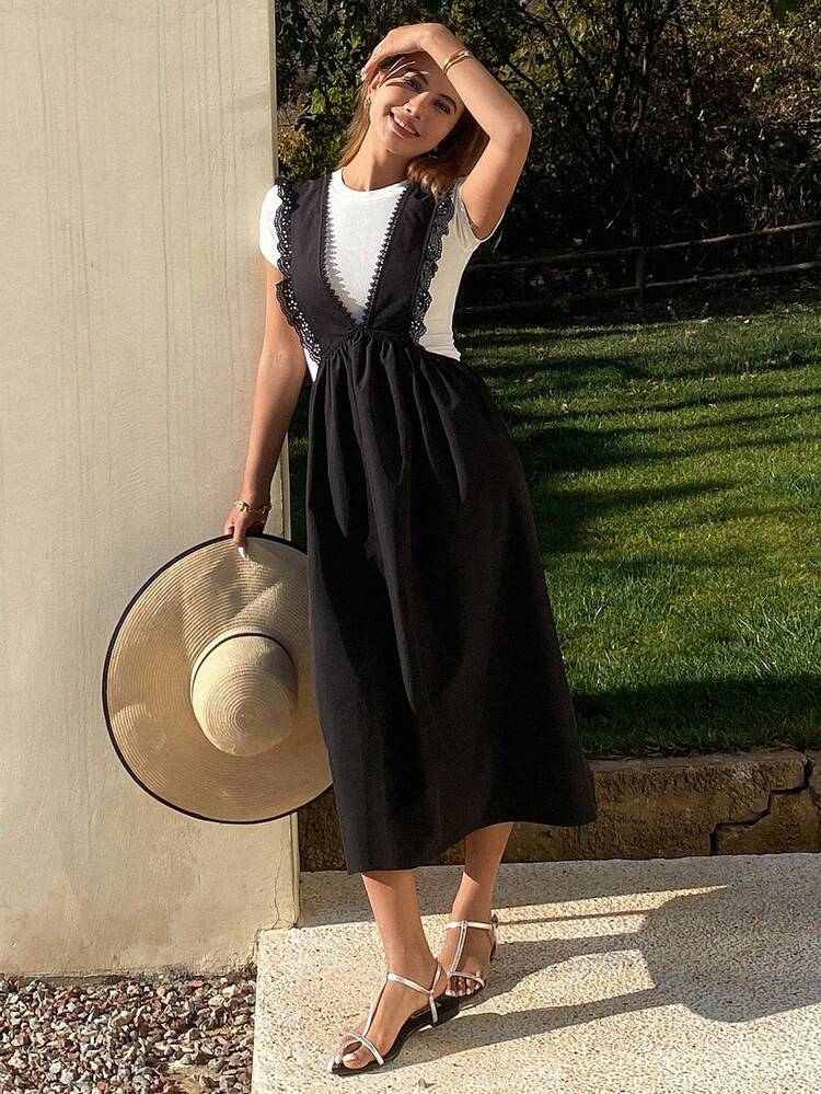 Women's V-Neck Lace Patchwork Waisted Jumper Midi Dress,Ruffle