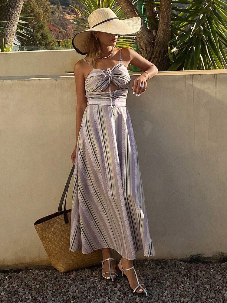 Women's Vacation Lace-Up Criss-Cross Strappy Striped Strap Dress,Milkmaid Dress Cruise Women Outfits Sundress Boho