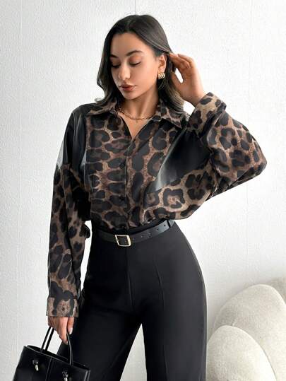 SHEIN Tall PU Designed Shoulder Detailed, Allover Leopard Printed Batwing Sleeve Women's Stylish Sexy Blouse, Tall Night Out Dark Brown Autumn