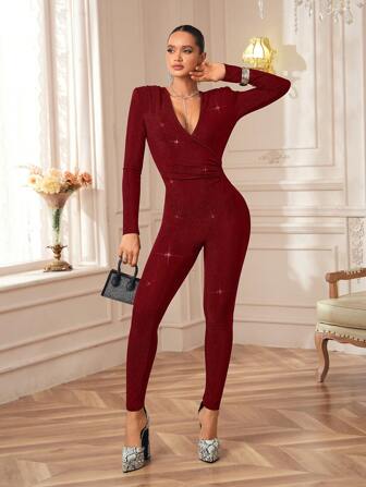 CN8 Mono elegante de manga larga con pliegues de color rojo burdeos para mujer, atuendo para fiesta, rave y festival