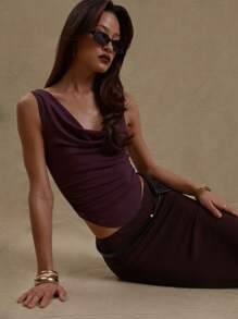 MUSERA 露肩高领褶皱侧边弧形下摆修身上衣，性感迷人，适合伊比沙岛音乐节、假日外出、夜店等场合，秋冬春夏皆宜。 - 紫色 - 查看 1