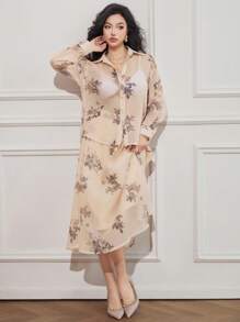 DAZY Bộ 2 món đồ công sở nữ: áo và chân váy tay phồng họa tiết hoa, xếp ly, thích hợp cho mùa thu và lễ Phục sinh. - Màu be - Xem 6